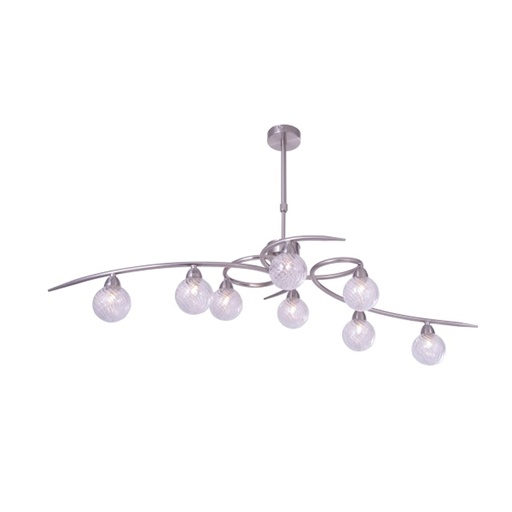 Lustre 8 lampes design en métal nickel satiné et verre transparent