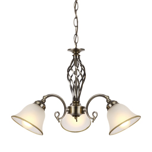 Lustre 3 lampes odin en métal vieux laiton et verre satiné