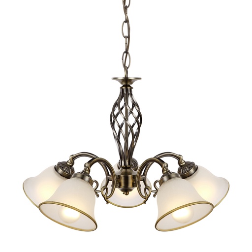 Lustre 5 lampes odin en métal vieux laiton et verre satiné