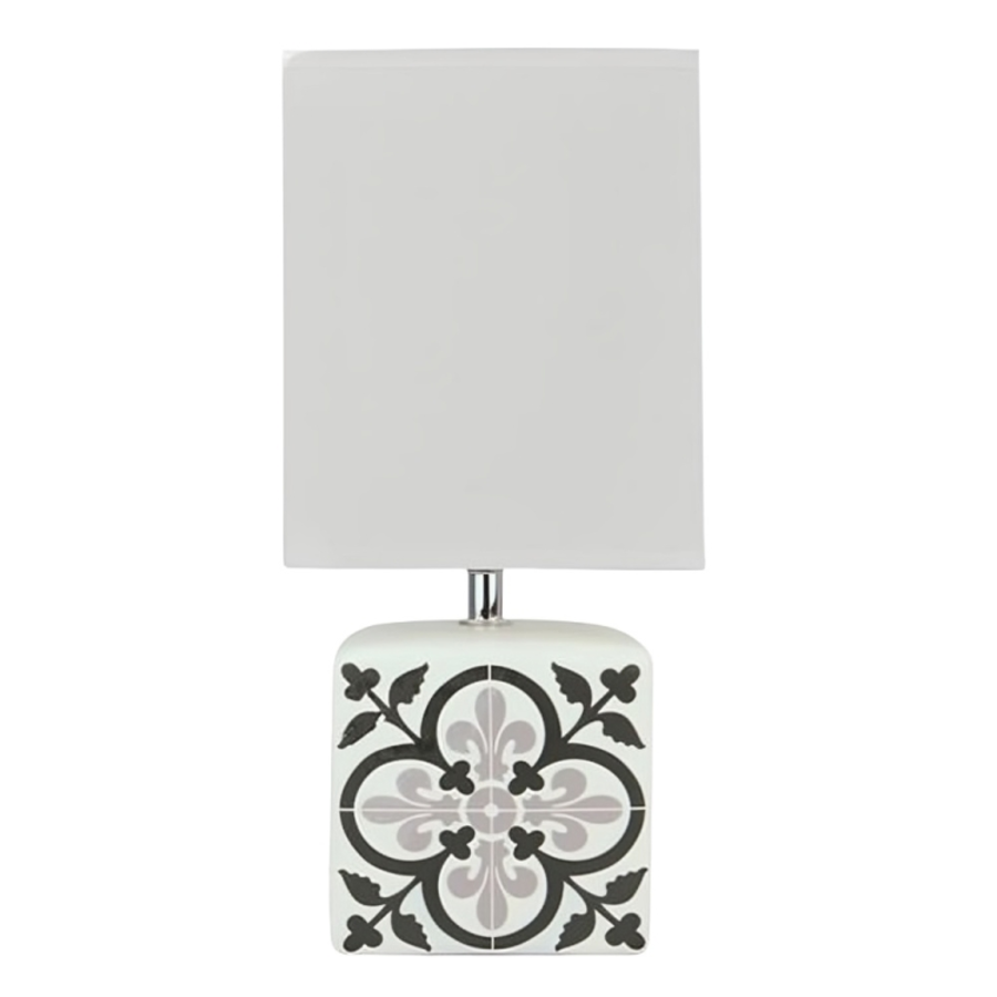 CADEAU - Lampe à poser en céramique blanc avec motif fleur noir