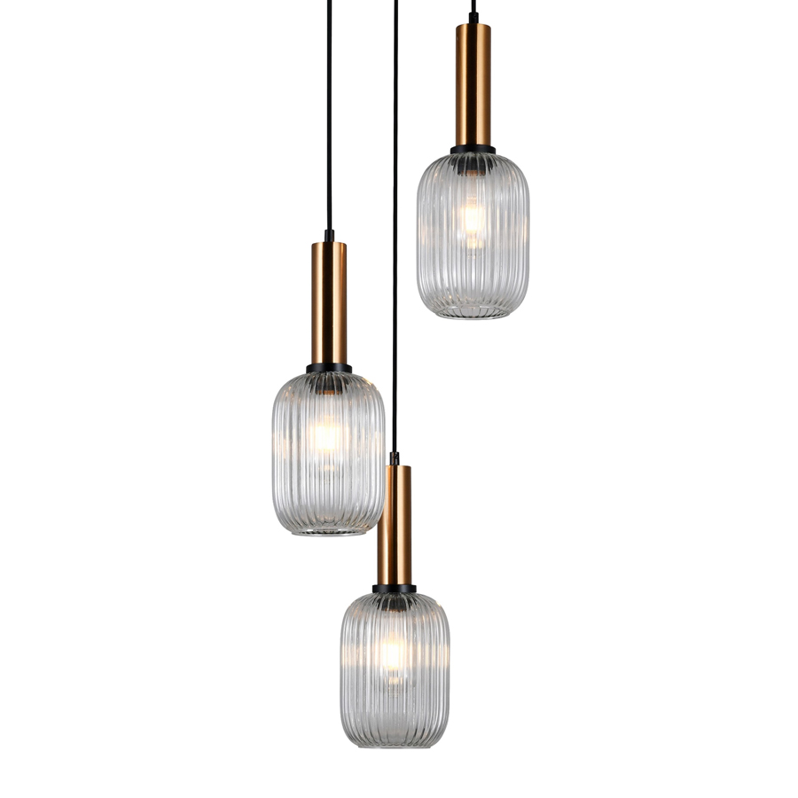 [STVL302] Lustre 3 lampes holli en métal laiton brossé et verre opale