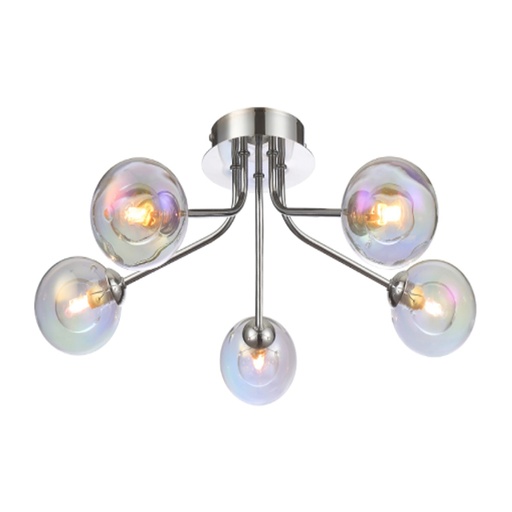 [STVL405] Lustre /plafonnier 5 lampes en métal nickel satiné et verre transparent