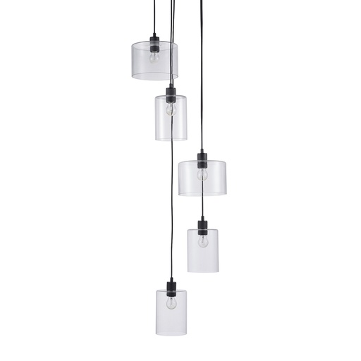 [FARKA104] LEWIS - Lustre 5 lampes en métal noir et verre transparent