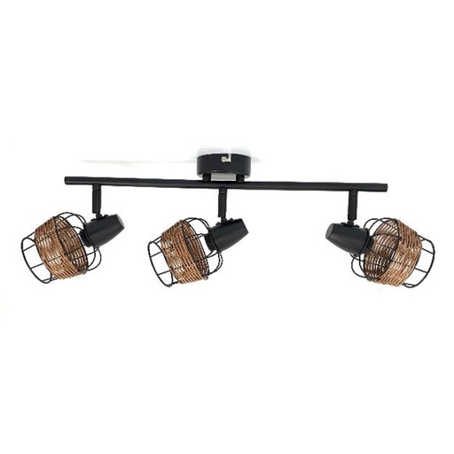 [MACKB202] Spot / plafonnier 3 lampes Dura en métal noir et rotin naturel