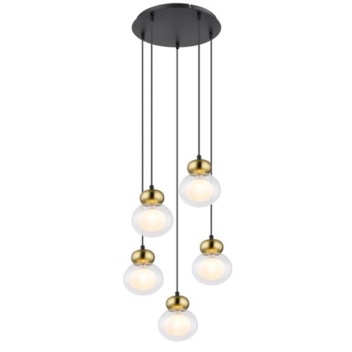 [GLO155705H] JAUCY - Lustre 5 lampes en métal noir, bronze et verre transparent Ø43