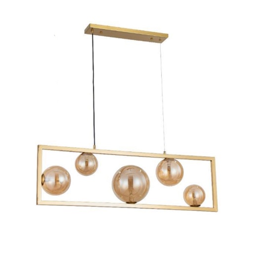 [LXCHAM512] Lustre 5 lampes Nassau en métal doré et verre ambre