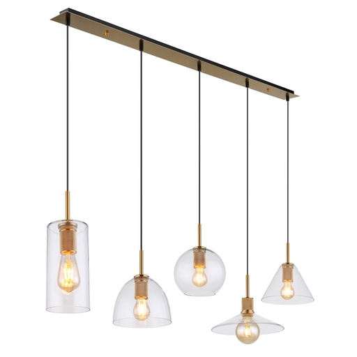 [GLO15460H1CV] Lustre 5 lampes adara en métal laiton et verre transparent