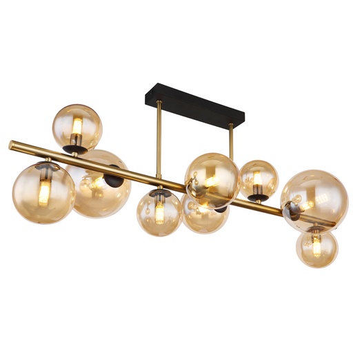 [GLO561359D] Lustre / Plafonnier Riha 9 lampes en métal noir, laiton et verre ambre