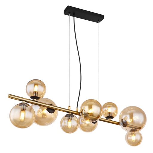 [GLO561359H] Lustre 9 lampes riha en métal noir, laiton et verre ambre
