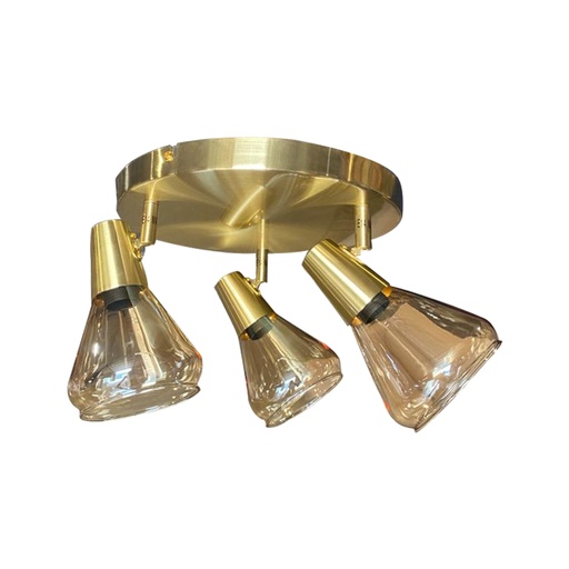 [LXMACQB113] Spot / Plafonnier Andrew 3 lampes en métal laiton brossé et verre ambre clair