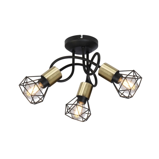 [GLO54802S3DAB] Lustre/plafonnier 3 lampes Xara en métal noir et laiton vieilli