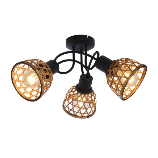 [GLO540533D] Spot /plafonnier Wenna 3 lampes métal noir et grille en bambou naturel