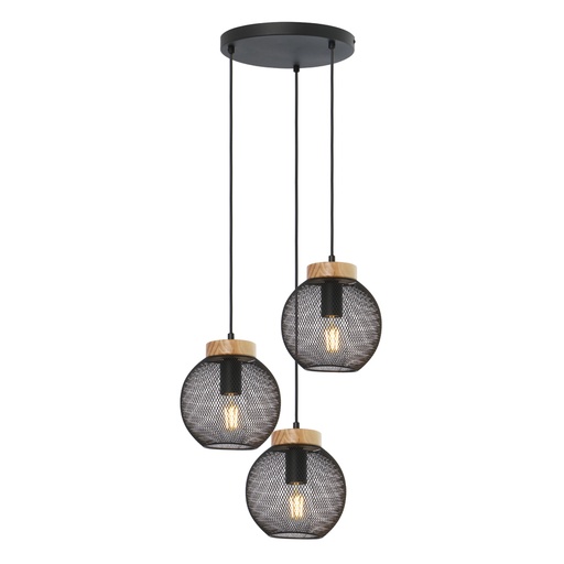 [GLO156633H] Lustre 3 lampes pablo en métal noir et bois marron