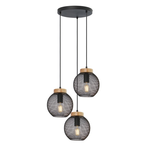 [GLO156633H] PABLO - Lustre 3 lampes en métal noir et bois marron