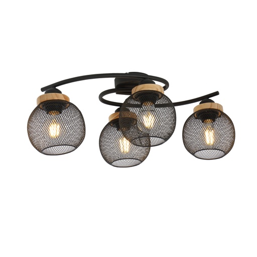 [GLO156634D] PABLO - Plafonnier 4 lampes en métal noir et bois marron