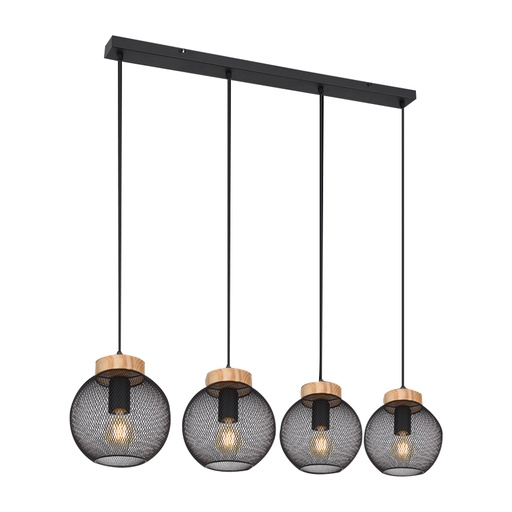 [GLO156634H] PABLO - Lustre 4 lampes en métal noir mat et bois marron
