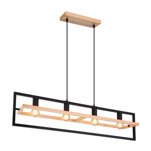[GLO155754H] Lustre 4 lampes erica en métal noir et bois naturel