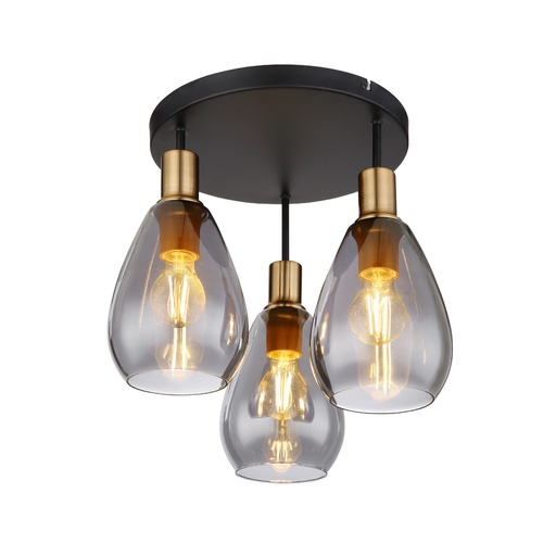 [GLO155633D] Lustre/plafonnier Fanni 3 lampes métal laiton et verre fumé