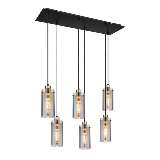[GLO155646H] Lustre 6 lampes fanni en métal noir mat et verre fumé