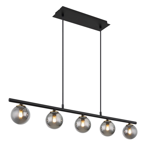 [GLO561365H] Lustre 5 lampes jorge en métal noir et verre fumé
