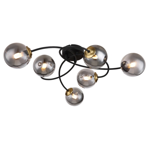 [GLO561366D] Lustre / Plafonnier Jorge 6 lampes métal noir et verre fumé