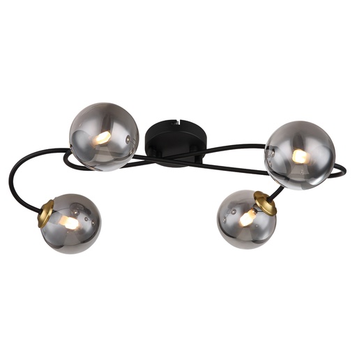 [GLO561364D] Lustre / Plafonnier Jorge 4 lampes métal noir et verre fumé
