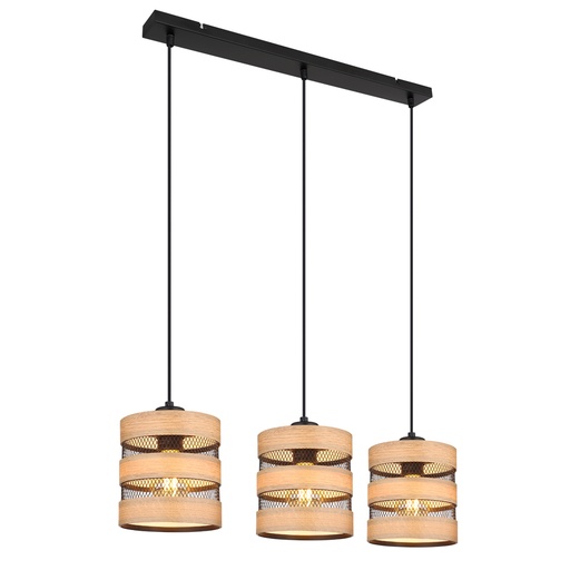 [GLO156503H] SOENI - Lustre 3 lampes en métal noir et bois naturel L.75