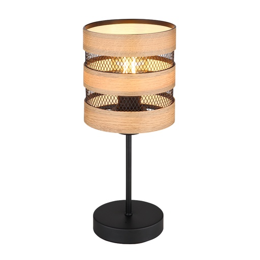 [GLO15650T] SOENI - Lampe à poser en métal mat, grille noir et bois naturel H40