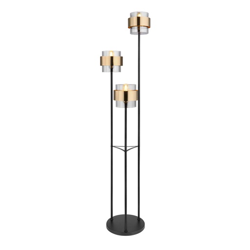 [GLO15560S] Lampadaire Milley 3 lampes en métal noir mat et verre fumé, anneau de laiton