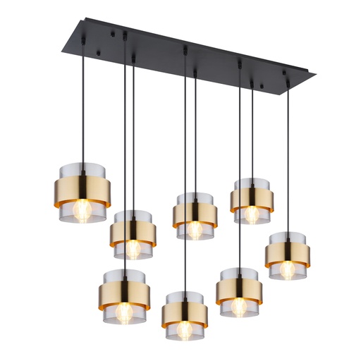 [GLO155608H] Lustre 8 lampes milley en métal noir mat et verre fumé, anneau de laiton