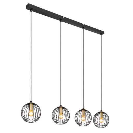 [GLO155894H] Lustre 4 lampes eusebius en métal noir laitonné et verre fumé