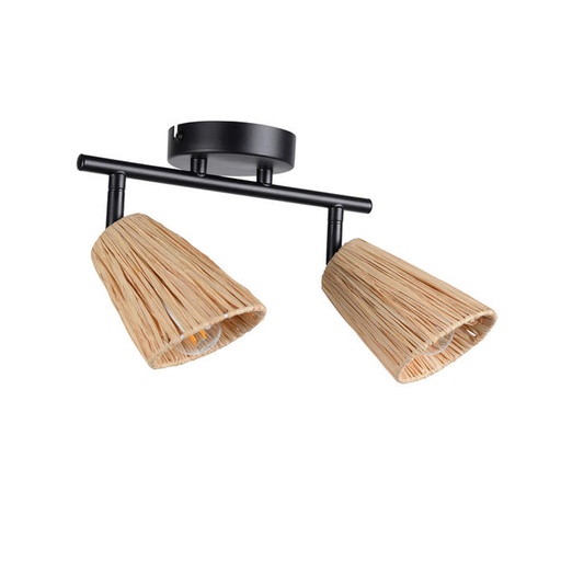[COR656114] PLAYA - Spot / Plafonnier 2 lampes en métal peint. Abat-jour forme conique en raphia tressé