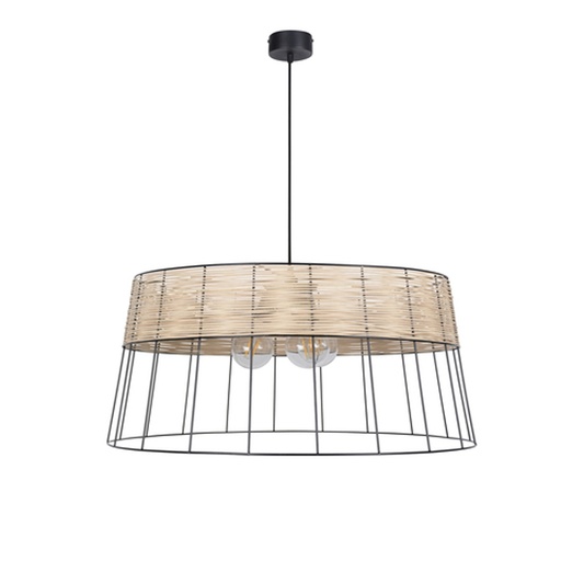 [COR655501] Lustre 3 lampes indah forme tambour en métal filaire peint et en rotin