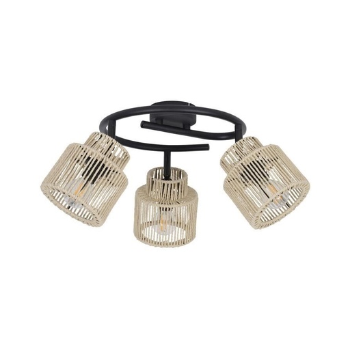 [COR656558] Spot/plafonnier Cancun 3 lampes en métal noir et cordelette naturel