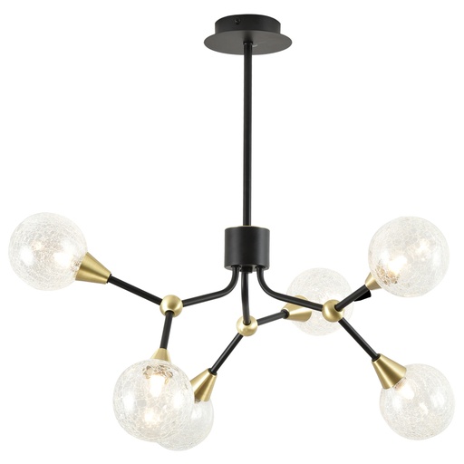 [SLX601010CV2] Lustre 6 lampes éclat en métal noir, laiton et verre transparent