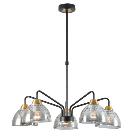 [SLX601111CV2] Lustre 5 lampes léonore en métal noir, laiton et verre fumé