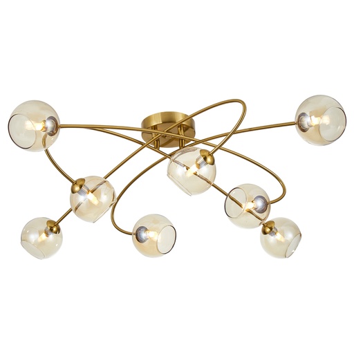 [SLX601214CV] Lustre/plafonnier 8 lampes ambroisie en métal doré et verre transparent