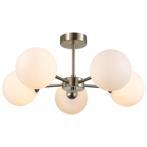 [SLX601411CV] Titan Lustre/plafonnier 5 lampes en métal laiton et verre blanc