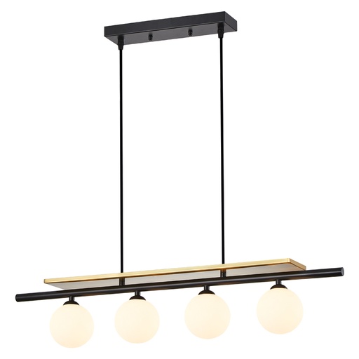 [SLX601610CV] Lustre 4 lampes Champagne en métal noir, laiton et verre blanc