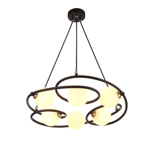 [SLX601710CV] Champagne Lustre 6 lampes en noir mat et verre blanc