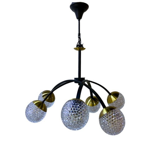 [LXMACRA406B] Lustre 6 lampes Nectar en métal noir transparent et laiton en verre brossé