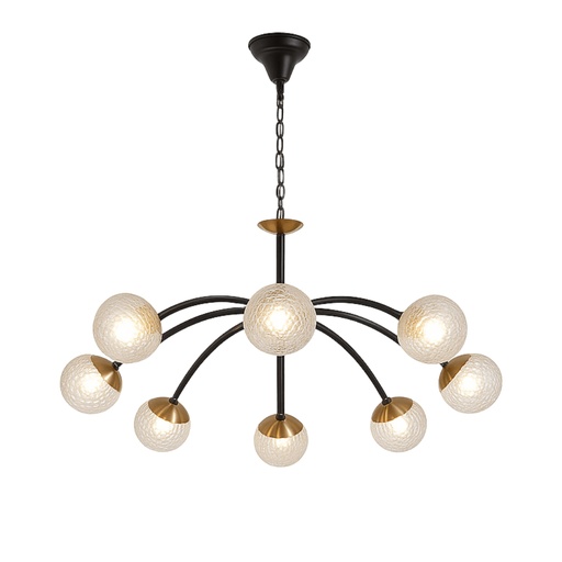 [LXMACRA408B] Lustre 8 lampes nectar en métal noir brossé laiton et verre transparent