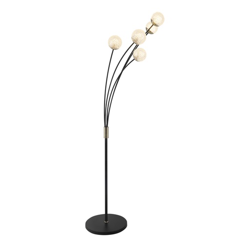 [LXMACRA405ND] Lampadaire Nectar 5 lampes en métal noir doré et verre transparent
