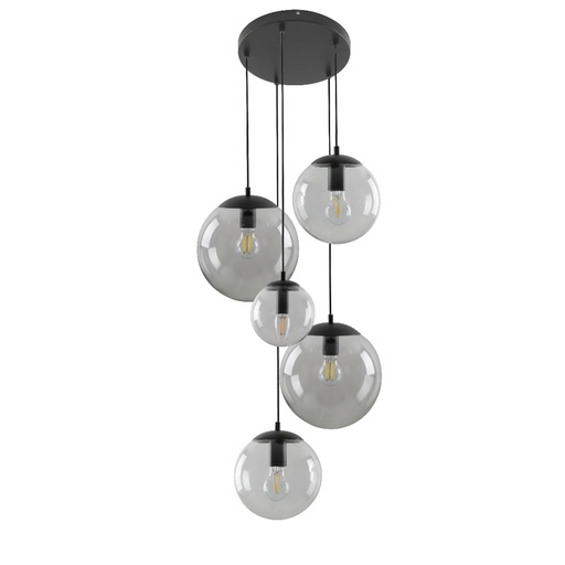 [SLX605033] Lustre 5 lampes Solana en métal noir et verre fumé