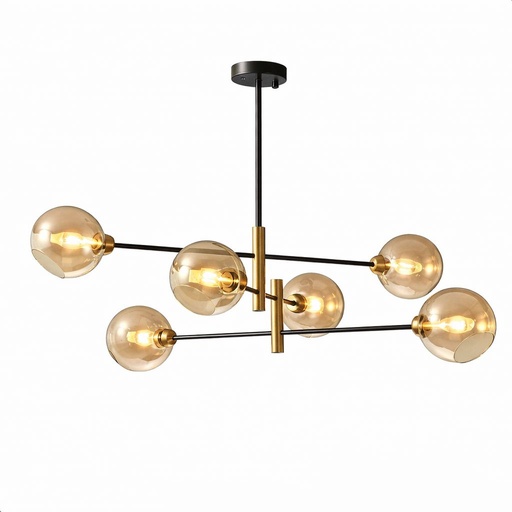 [SLX607026] Lustre Aurum 6 lampes métal noir et verre ambré