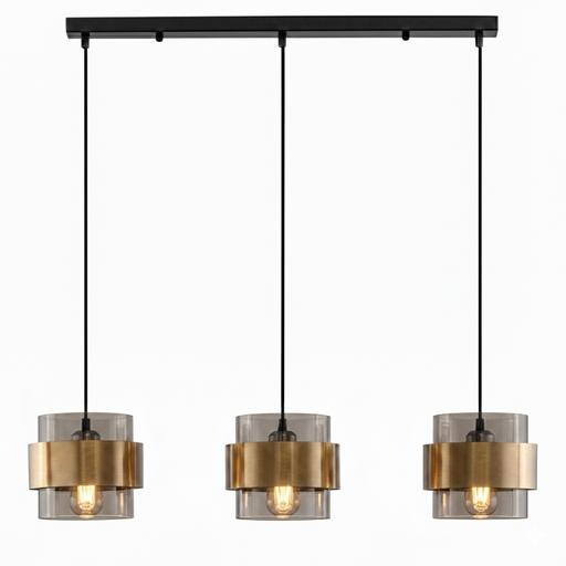 [SLX607042] Lustre 3 lampes milley en métal noir et verre fumé anneau de laiton