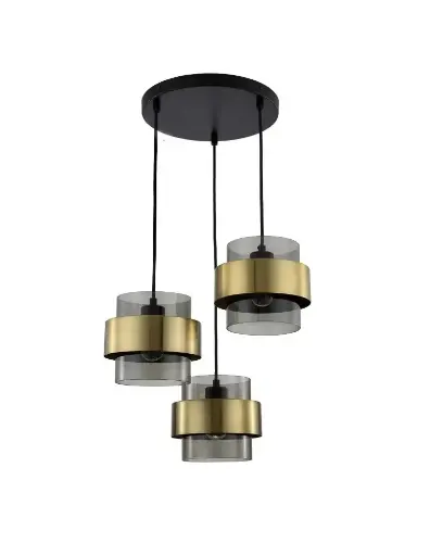 [SLX607043] Lustre Milley 3 lampes en métal noir et verre fumé , anneau de laiton