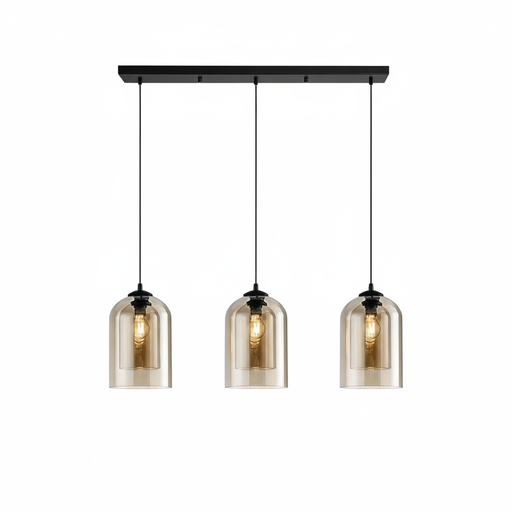 [SLX607048] Lustre Jani 3 lampes en base dorée fil noir et double verre ambré