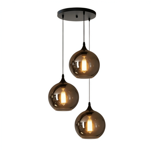 [SLX607049] Lustre Frank 3 lampes en metal noir et verre forme de bouteille fumé