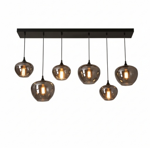 [SLX607050] Lustre Frank 6 lampes en metal noir et verre forme de bouteille fumé